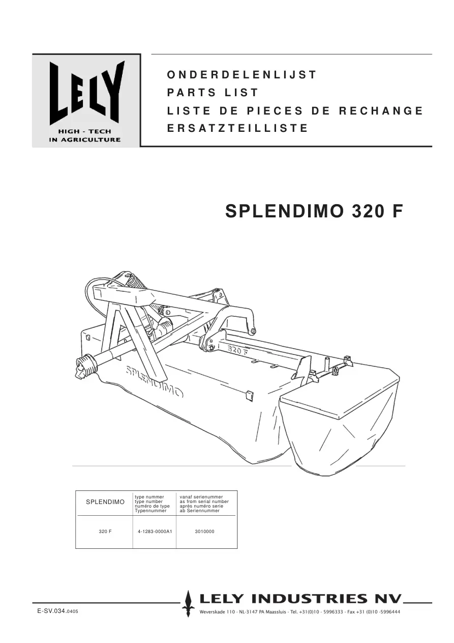 Lely Splendimo 320 F Parts Manual