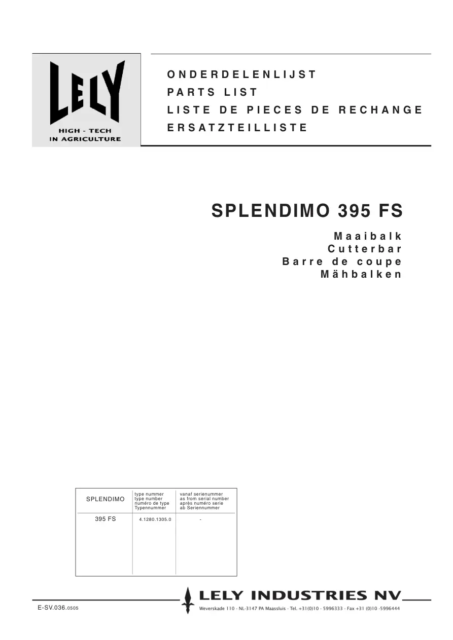 Lely Splendimo 395 Fs Parts Manual