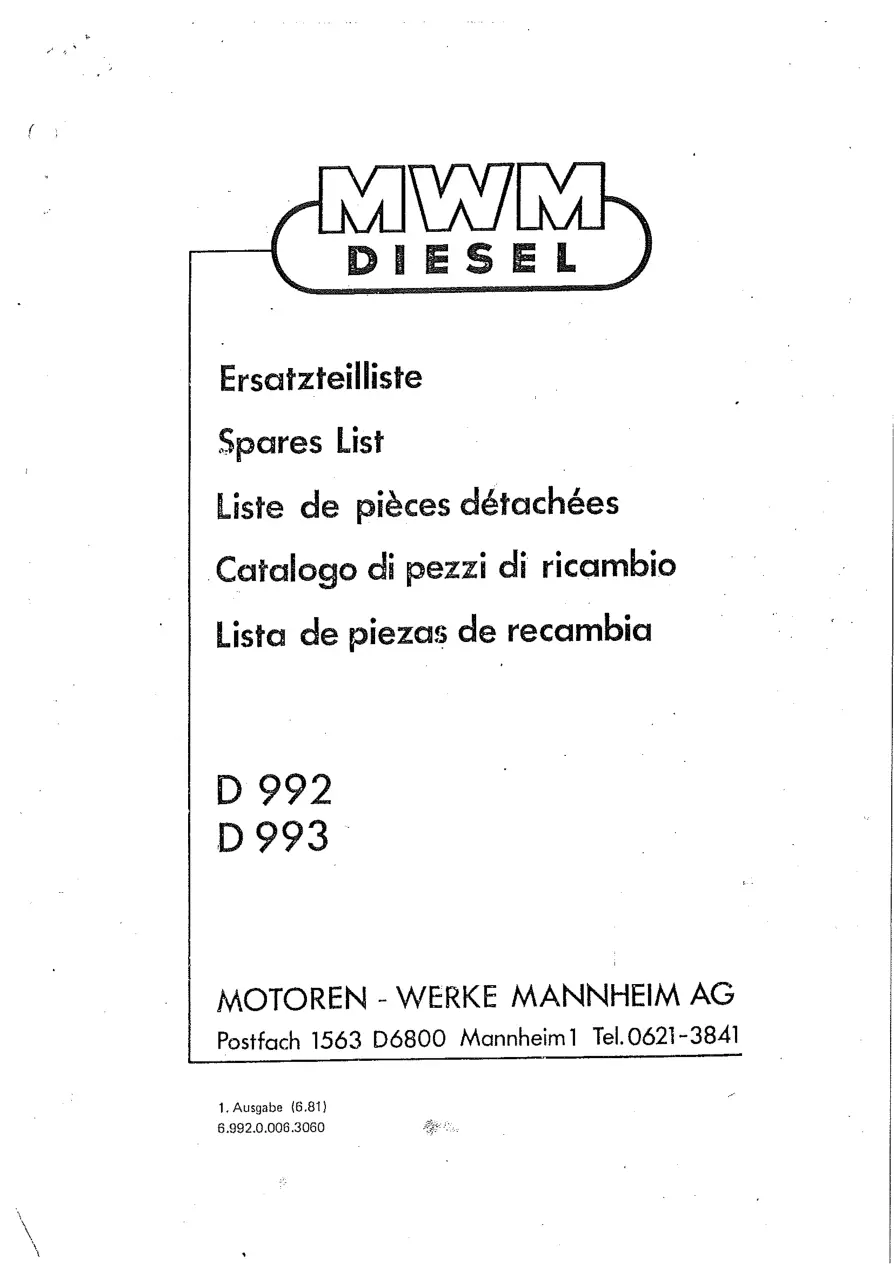 Diter Mwm D992 D993 Parts Manual