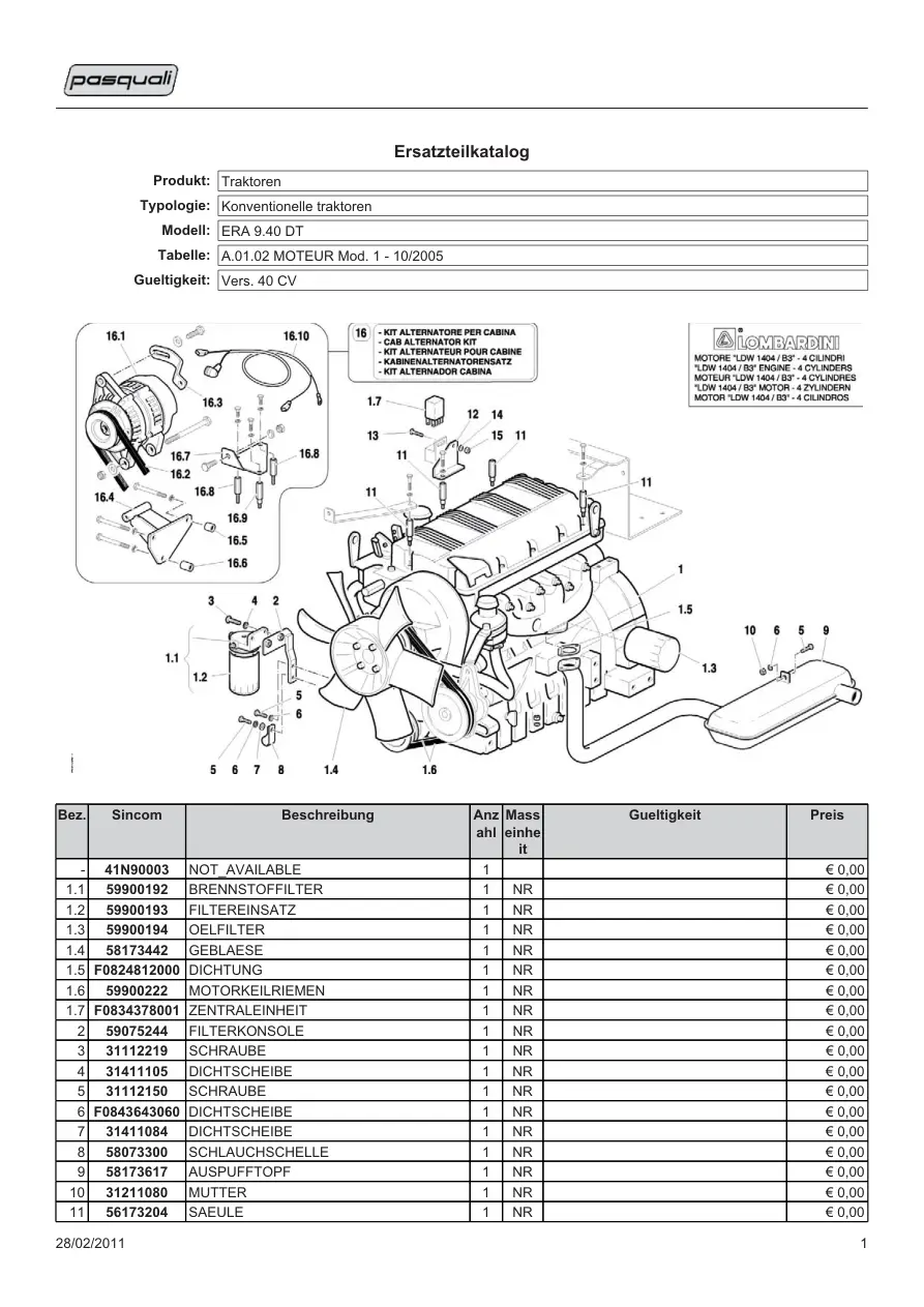 Pasquali Era 9.40 Parts Manual