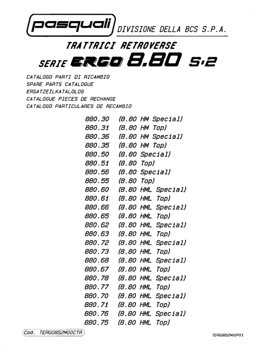 Pasquali Ergo 8.80 Parts Manual