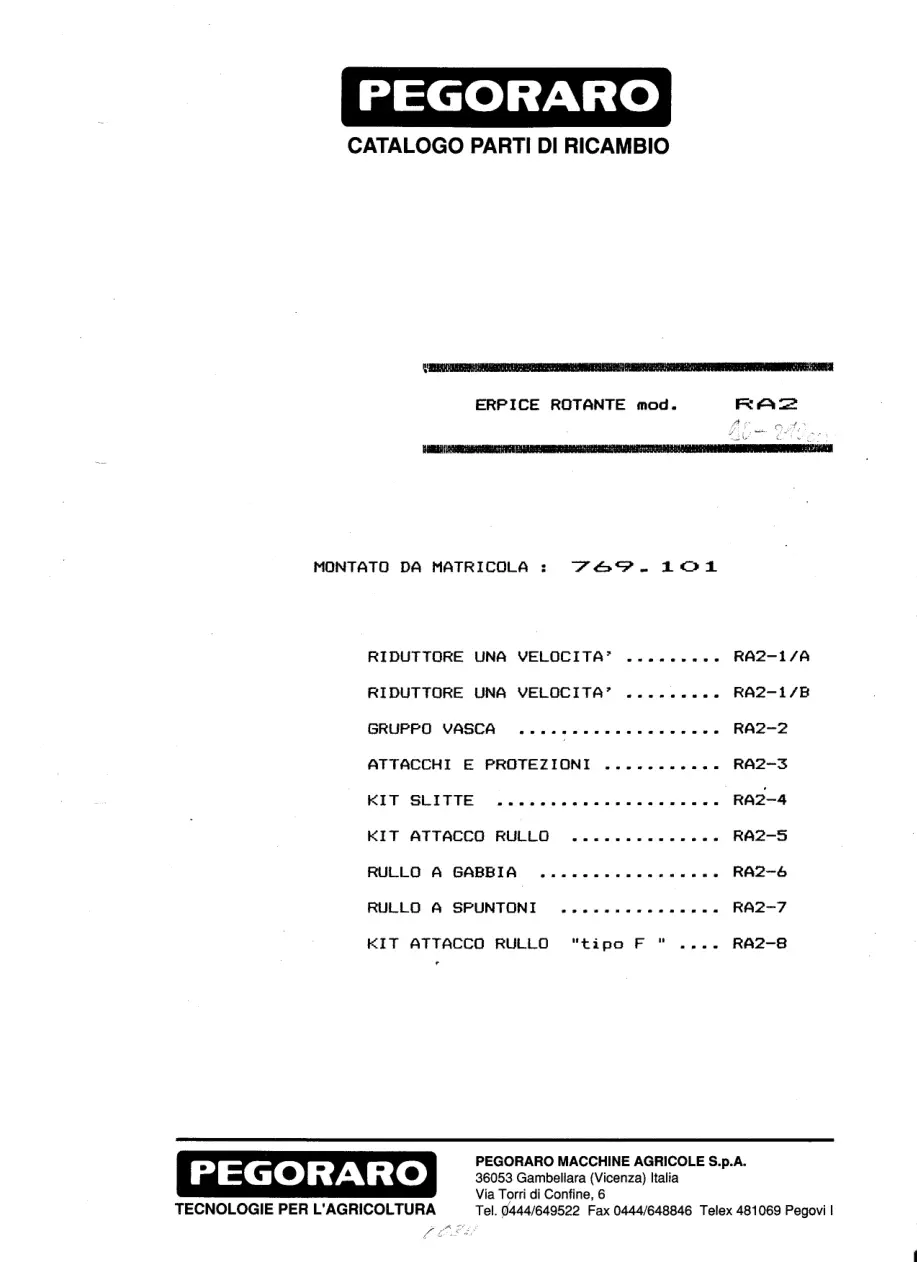 Pegoraro Ra2 1989 Parts Manual