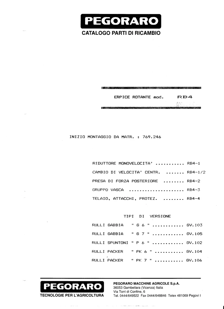 Pegoraro Rb4 1989 Parts Manual