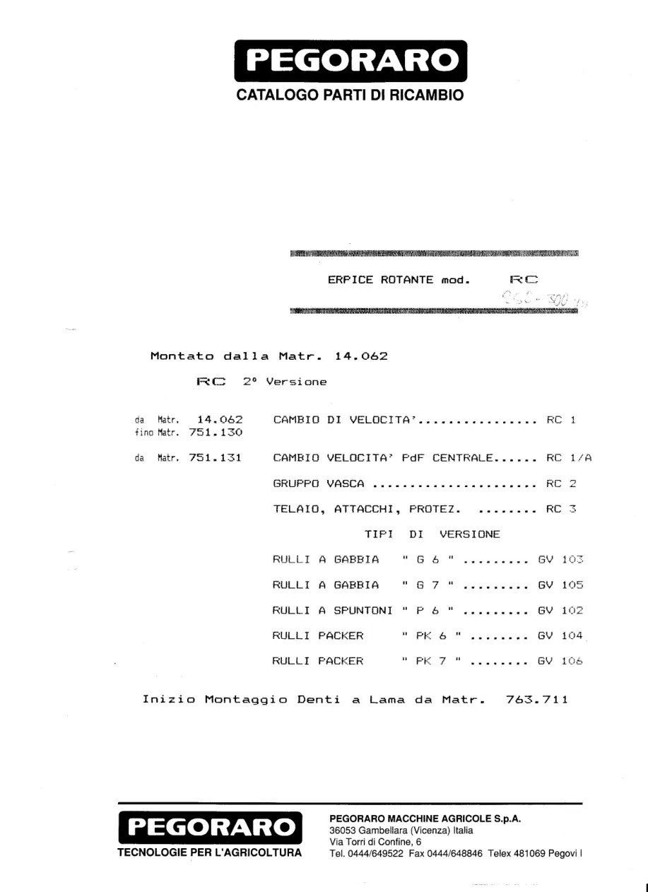 Pegoraro Rc 1988 Parts Manual