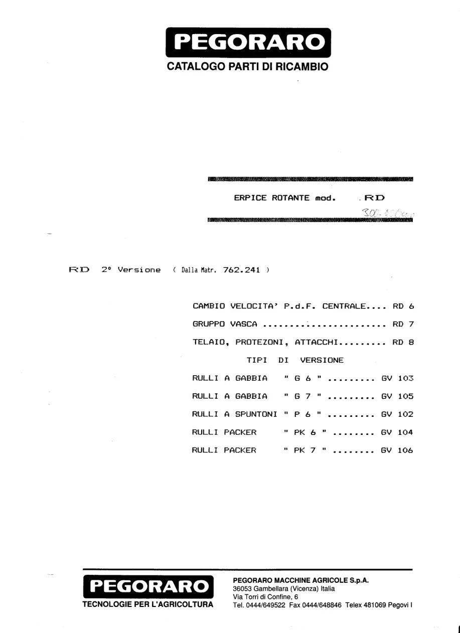 Pegoraro Rd 1988 Parts Manual