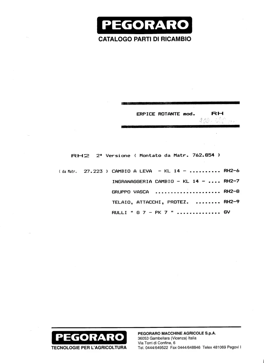 Pegoraro Rh 1985 Parts Manual