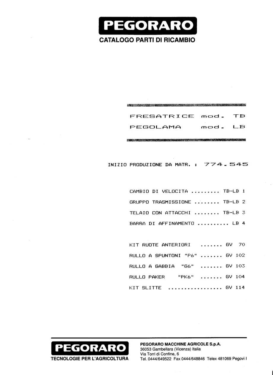 Pegoraro Tb Lb 1989 Parts Manual