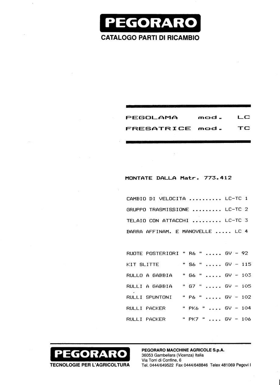 Pegoraro Tc Lc 1989 Parts Manual