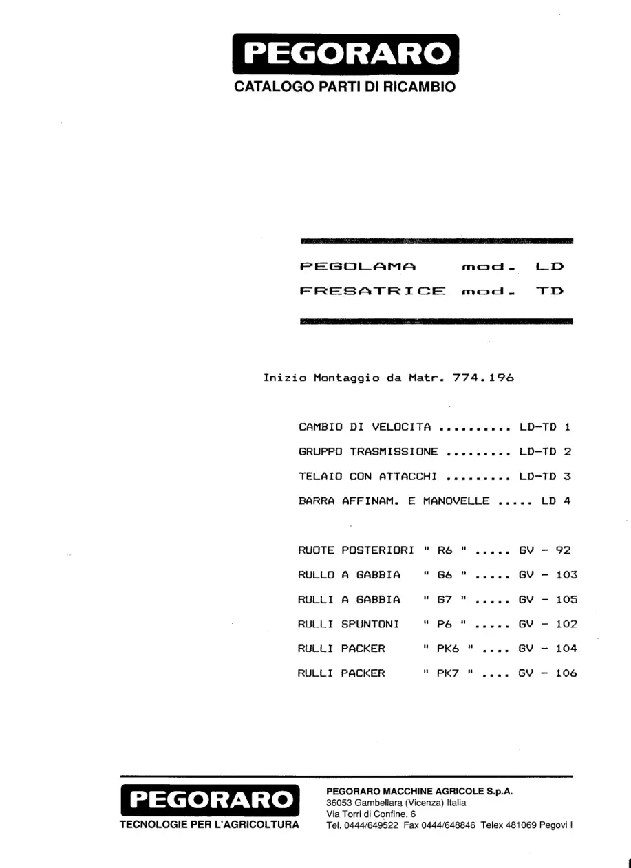 Pegoraro Td Ld 1989 Parts Manual