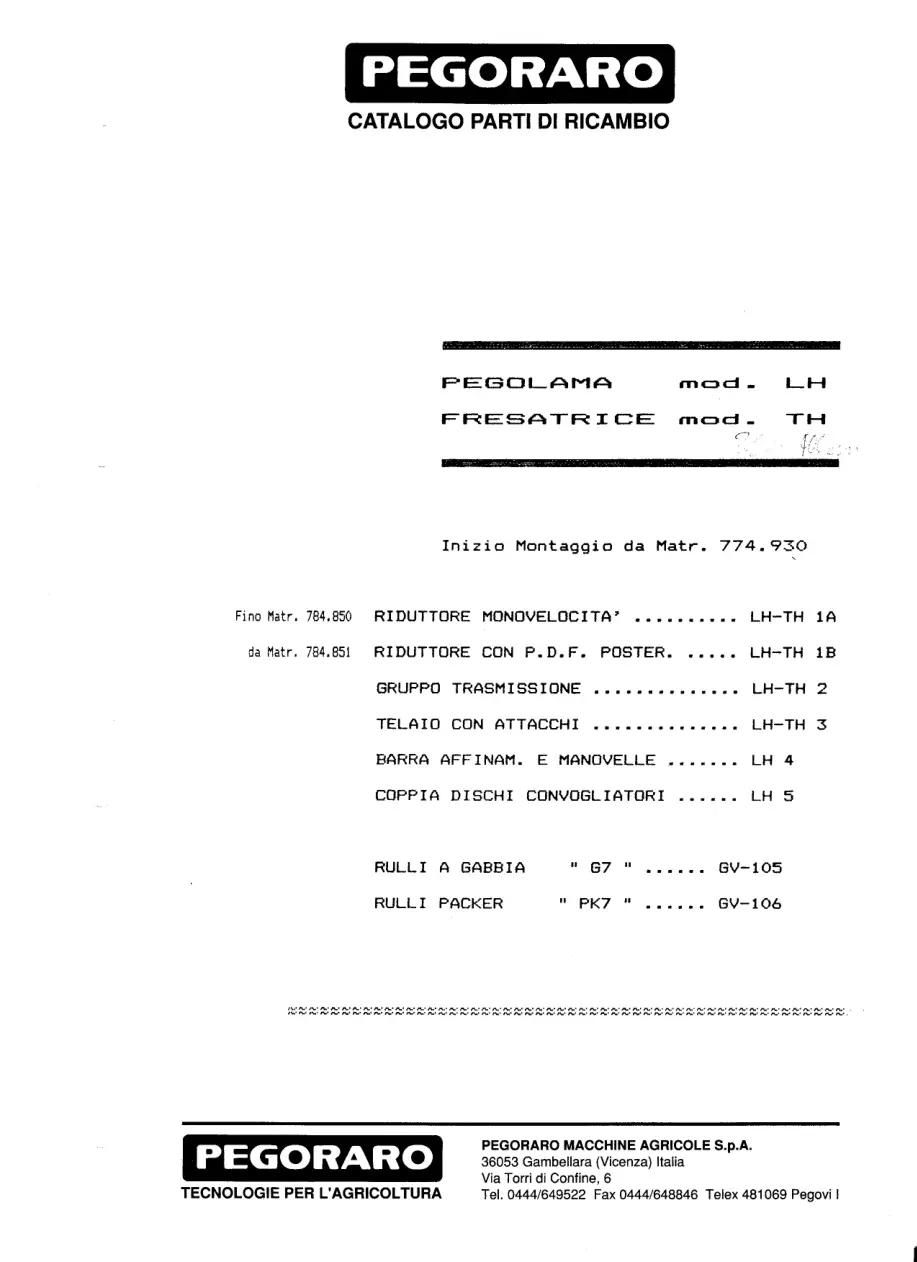 Pegoraro Th Lh 1990 Parts Manual