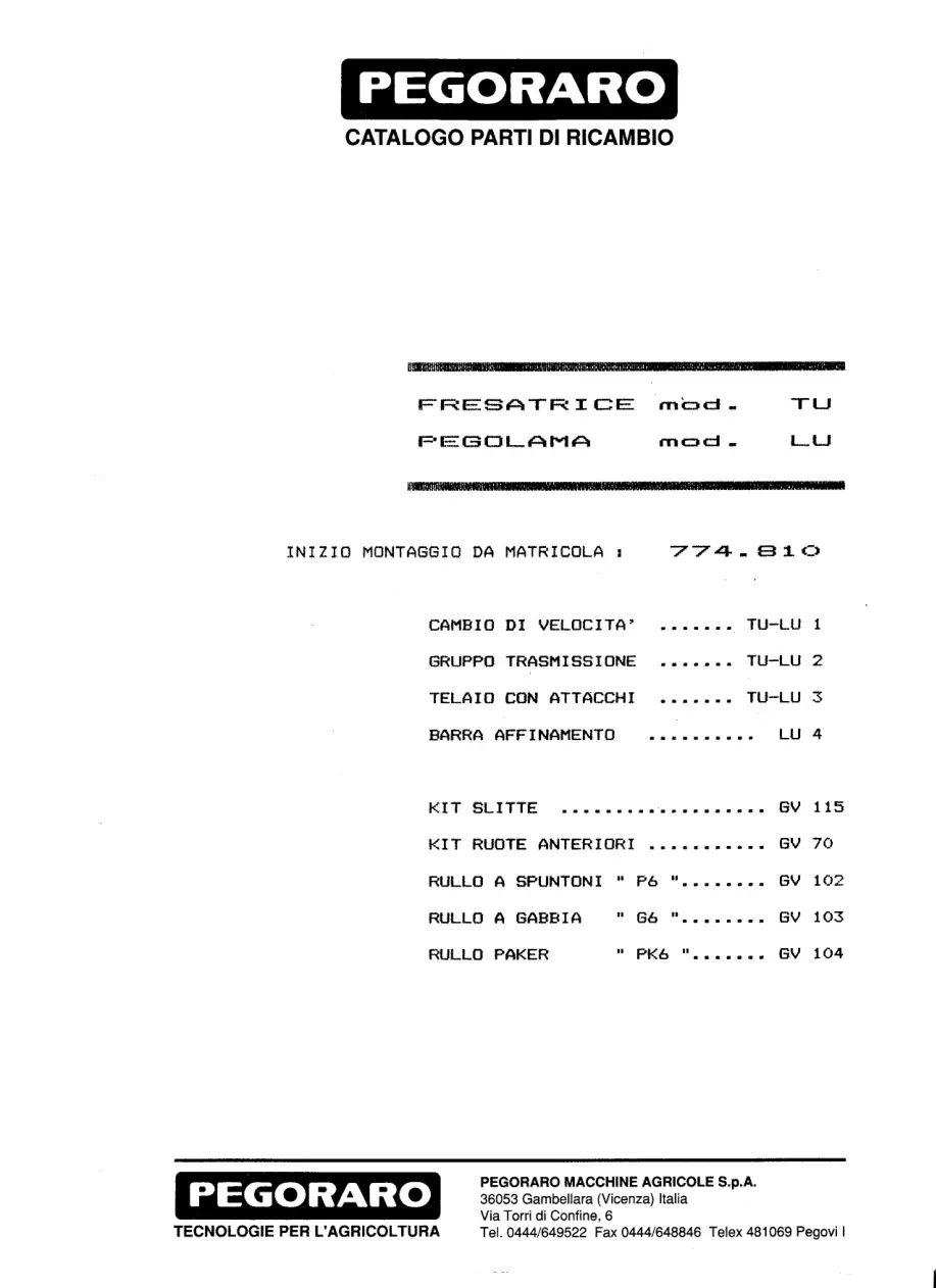 Pegoraro Tu Lu 1989 Parts Manual