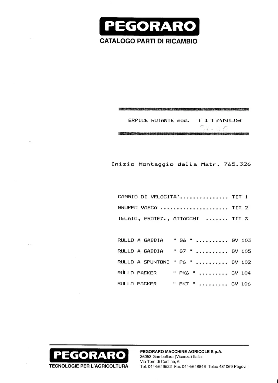 Pegoraro Titanus 1989 Parts Manual