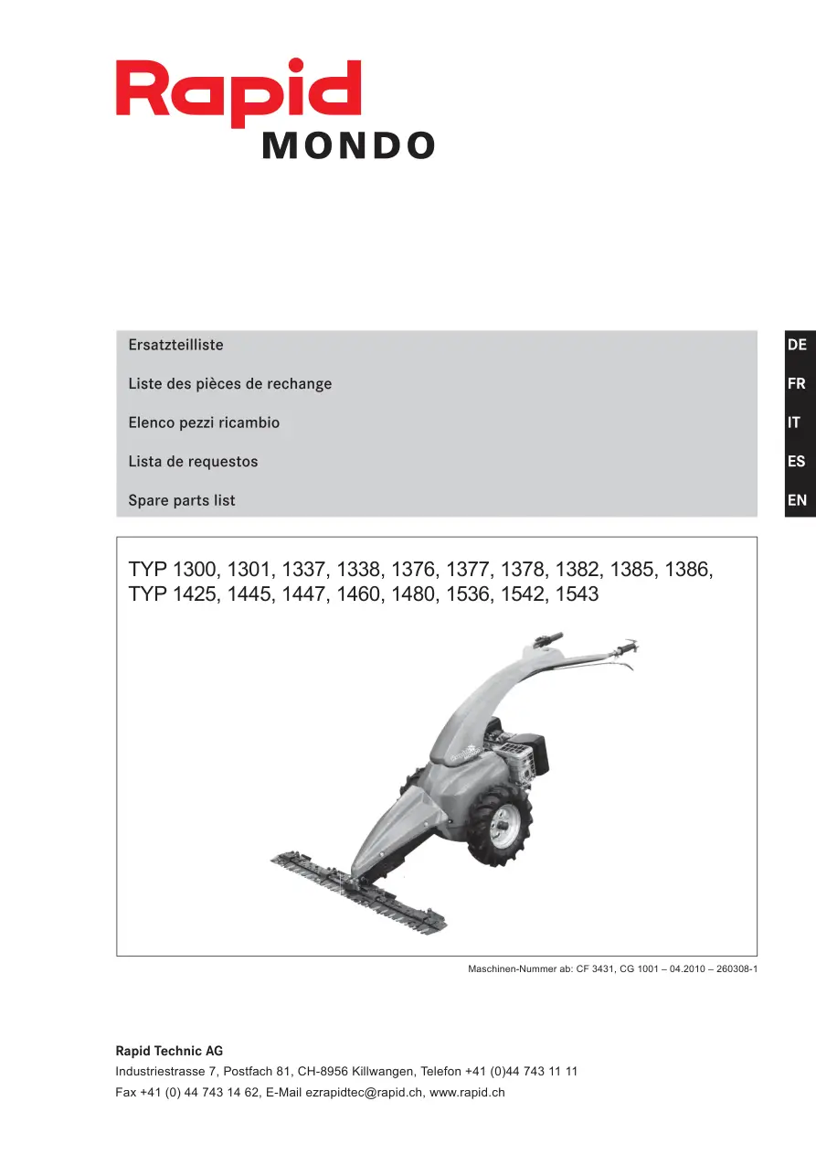 Rapid Technic Mondo 1300 1386 1425 1543 Parts Manual