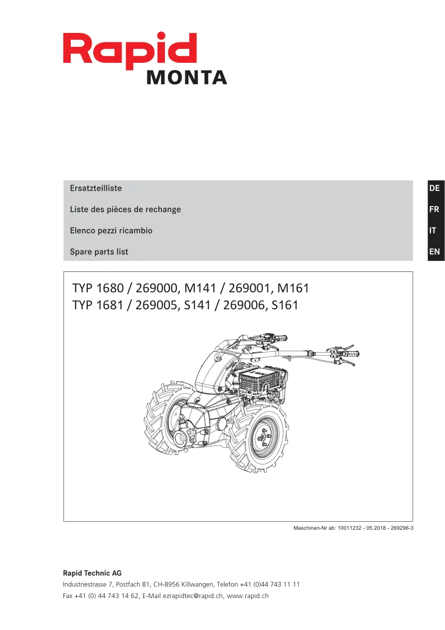 Rapid Technic Monta 1680 1861 M141 S141 M161 S161 Parts Manual