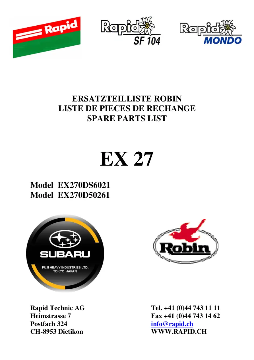 Rapid Technic Sf 104 Ex270Ds6021 Ex270D50261 Parts Manual