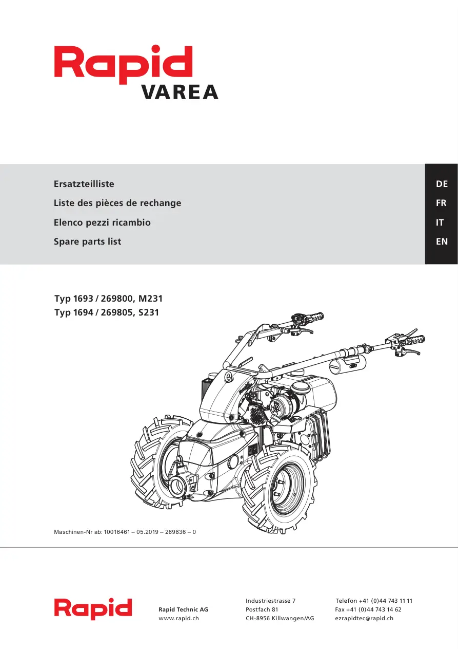 Rapid Technic Varea 1693 1694 M231 S231 Parts Manual