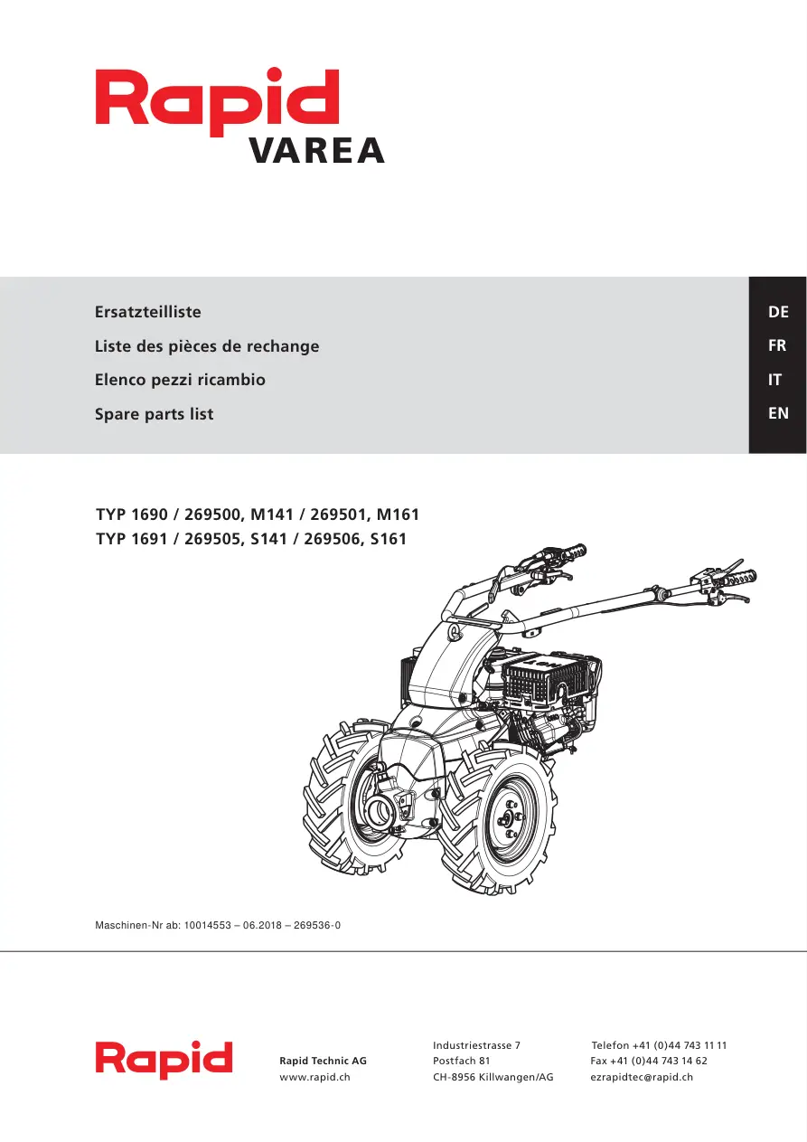 Rapid Technic Varea P1690 1691 M141 S141 M161 S161 Parts Manual