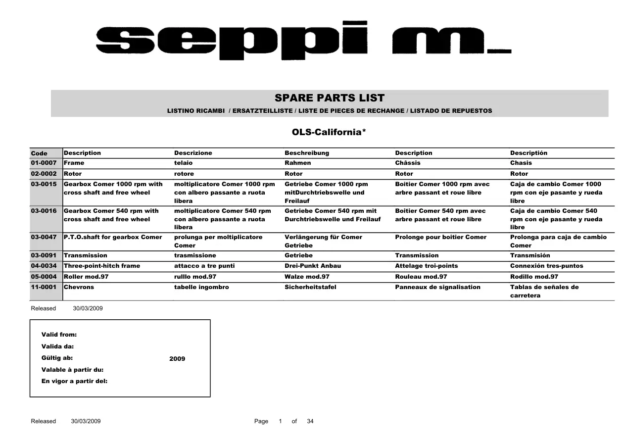 Seppi Ols California 2009 Parts Manual