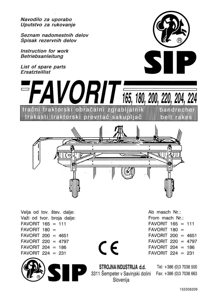 SIP Favorit 165 180 200 220 204 224 Parts Manual