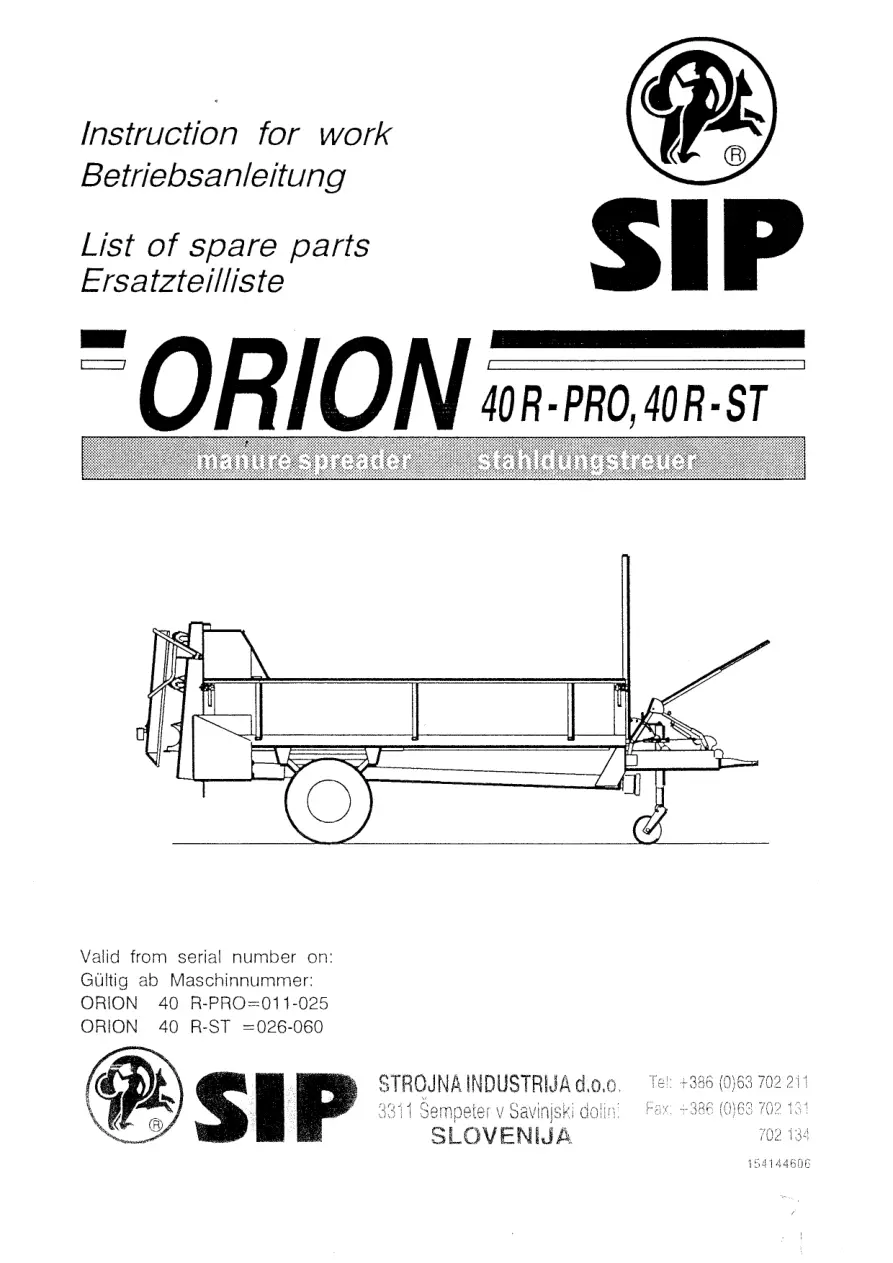 SIP Orion 40P Pro 40R St Parts Manual