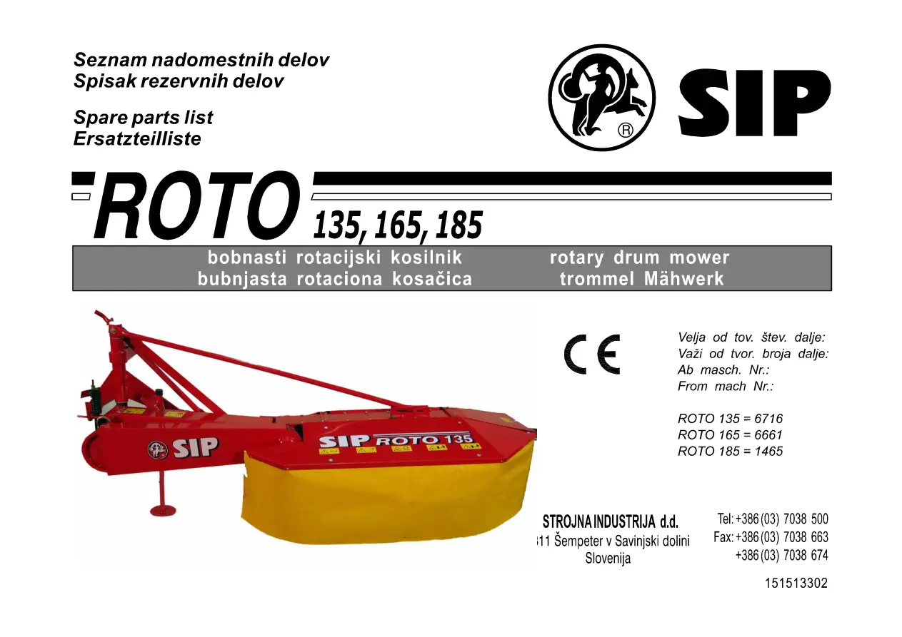 SIP Roto 135 165 185 Parts Manual