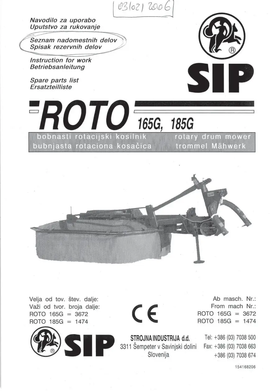 SIP Roto 165G 185G Parts Manual