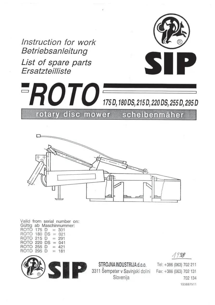 SIP Roto 175D 180Ds 215D 220Ds 255D 295D Parts Manual