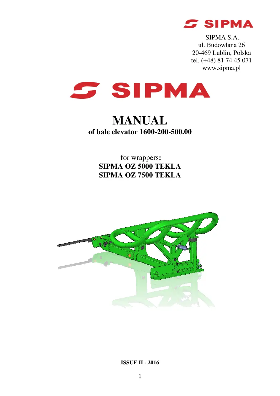 Sipma Elevator Oz5000 Oz7500 Tekla Parts Manual
