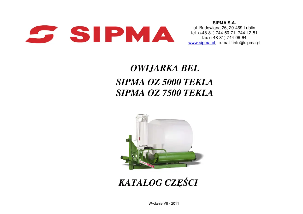 Sipma Oz5000 Oz7500 Tekla 2011 Parts Manual