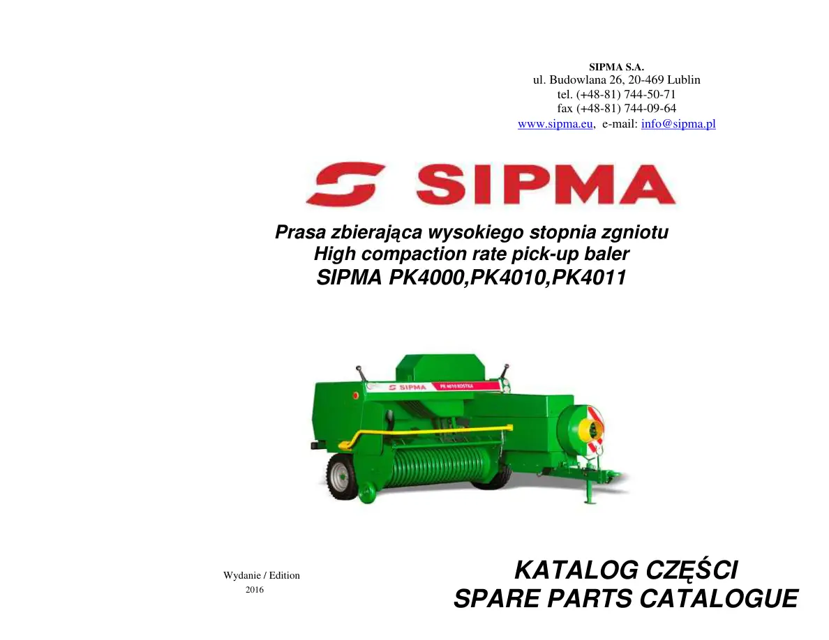 Sipma Pk4000 4010 4011 Kostka 2016 Parts Manual
