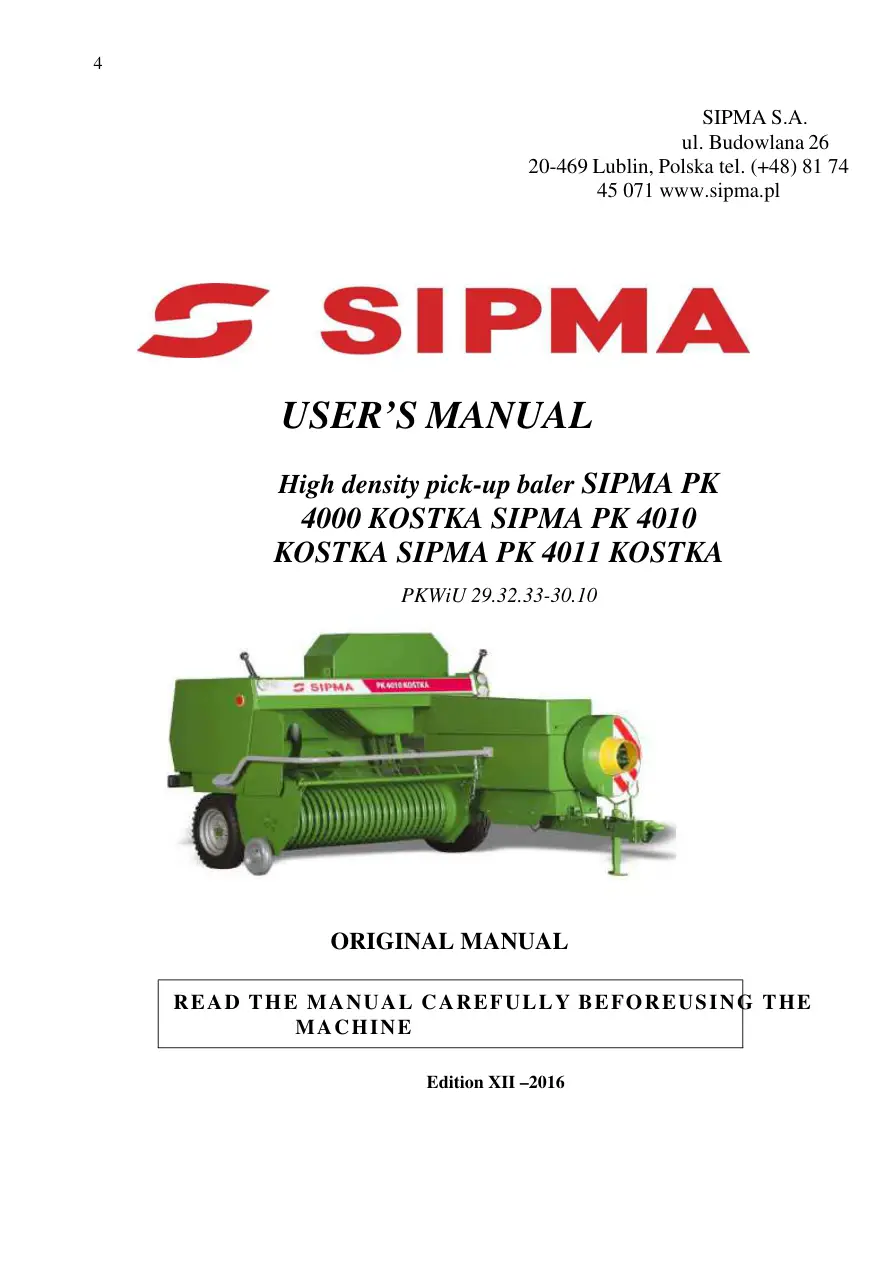 Sipma Pk4000 4010 4011 Kostka 2016 Operators Manual