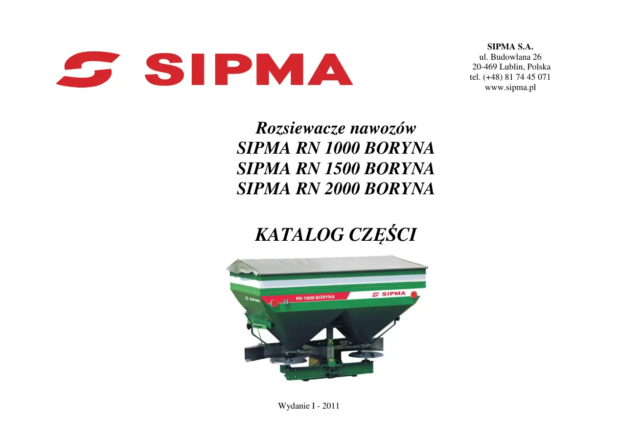 Sipma Rn1000 1500 2000 Boryna 2011 Parts Manual