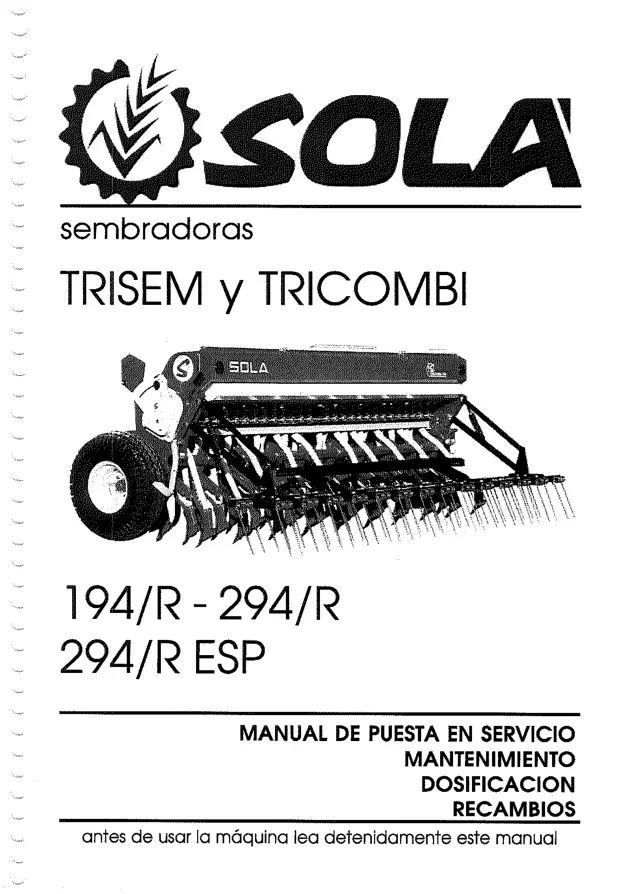 Sola Tricombi 194R 294R Esp 2005 Parts Manual