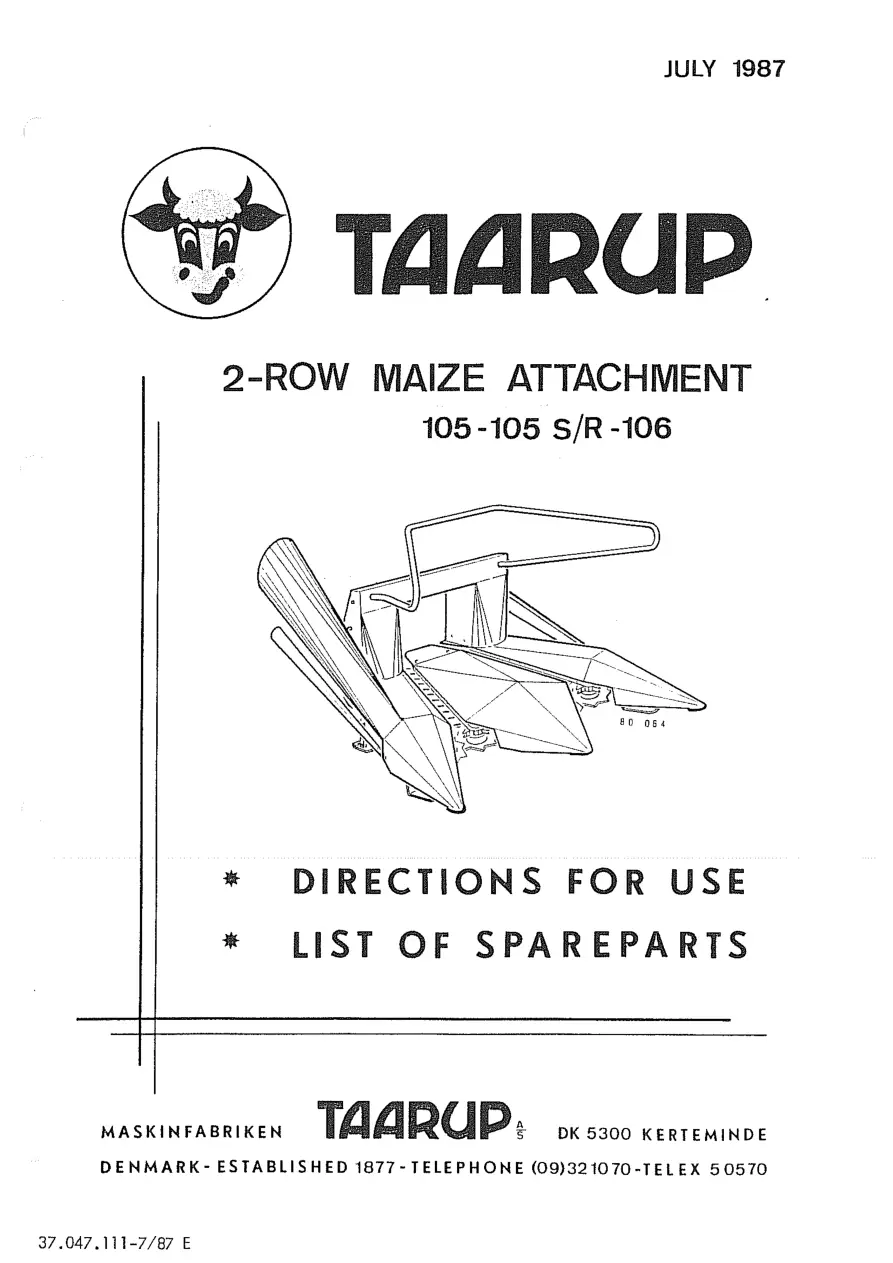 Taarup 105 105Sr 106 1987 Parts Manual