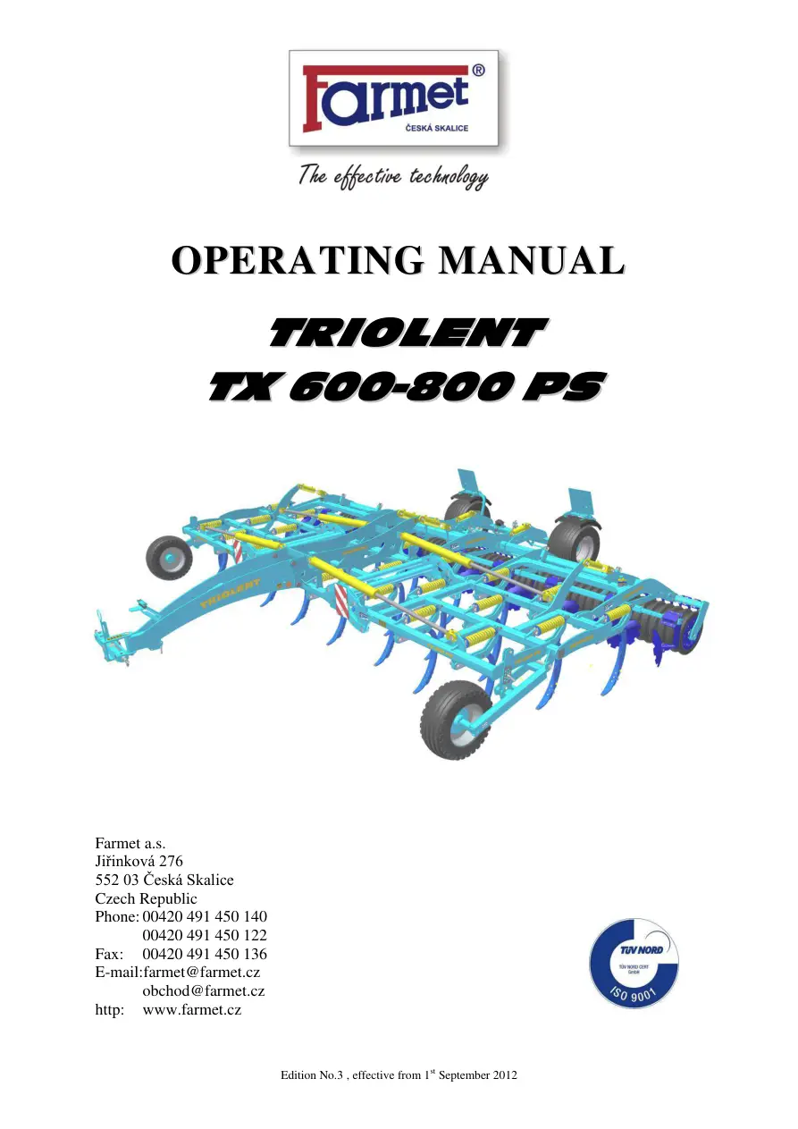 Farmet Triolent Tx600 800Ps 2012 Operators Manual