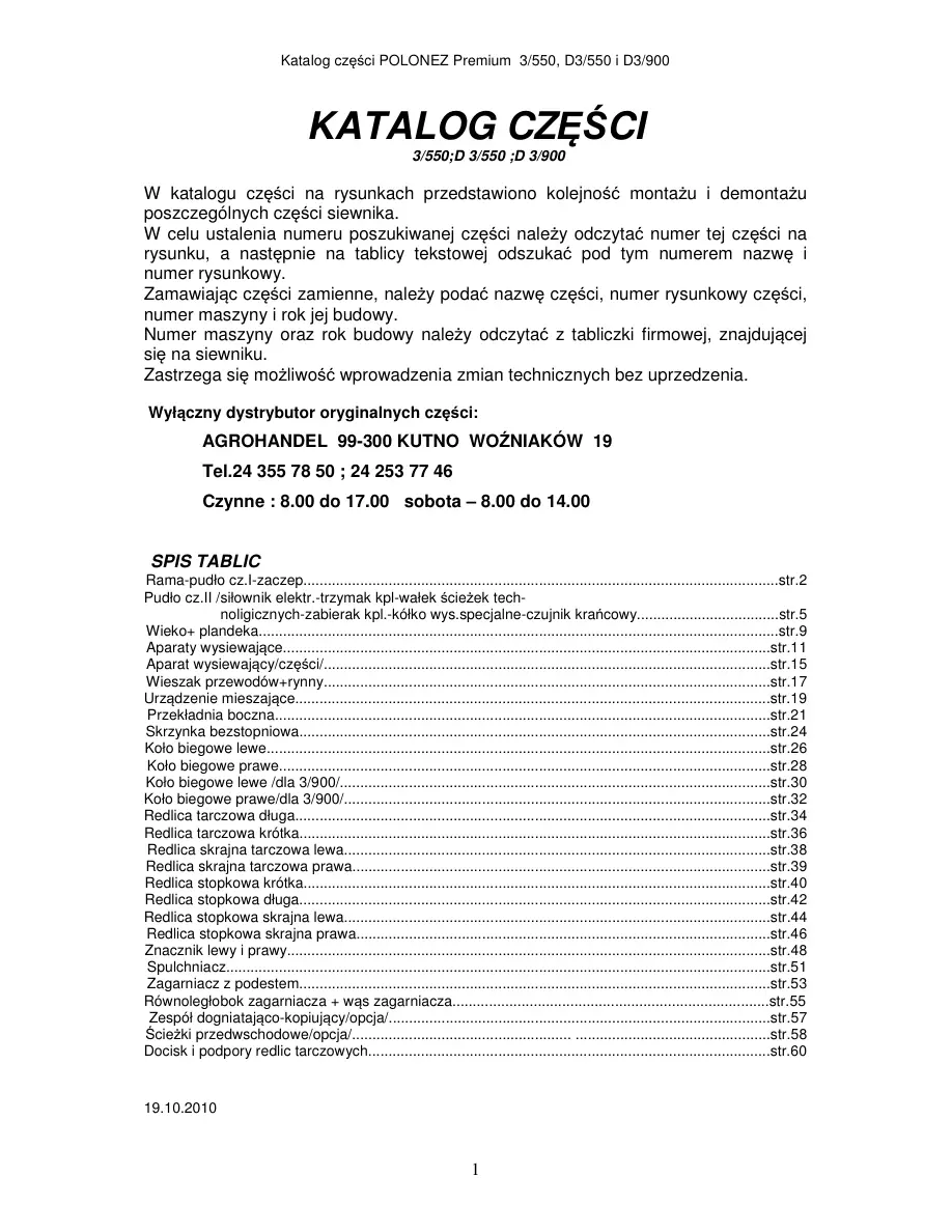 Unia Polonez Premium 3 550 D3 550 D3 900 Parts Manual