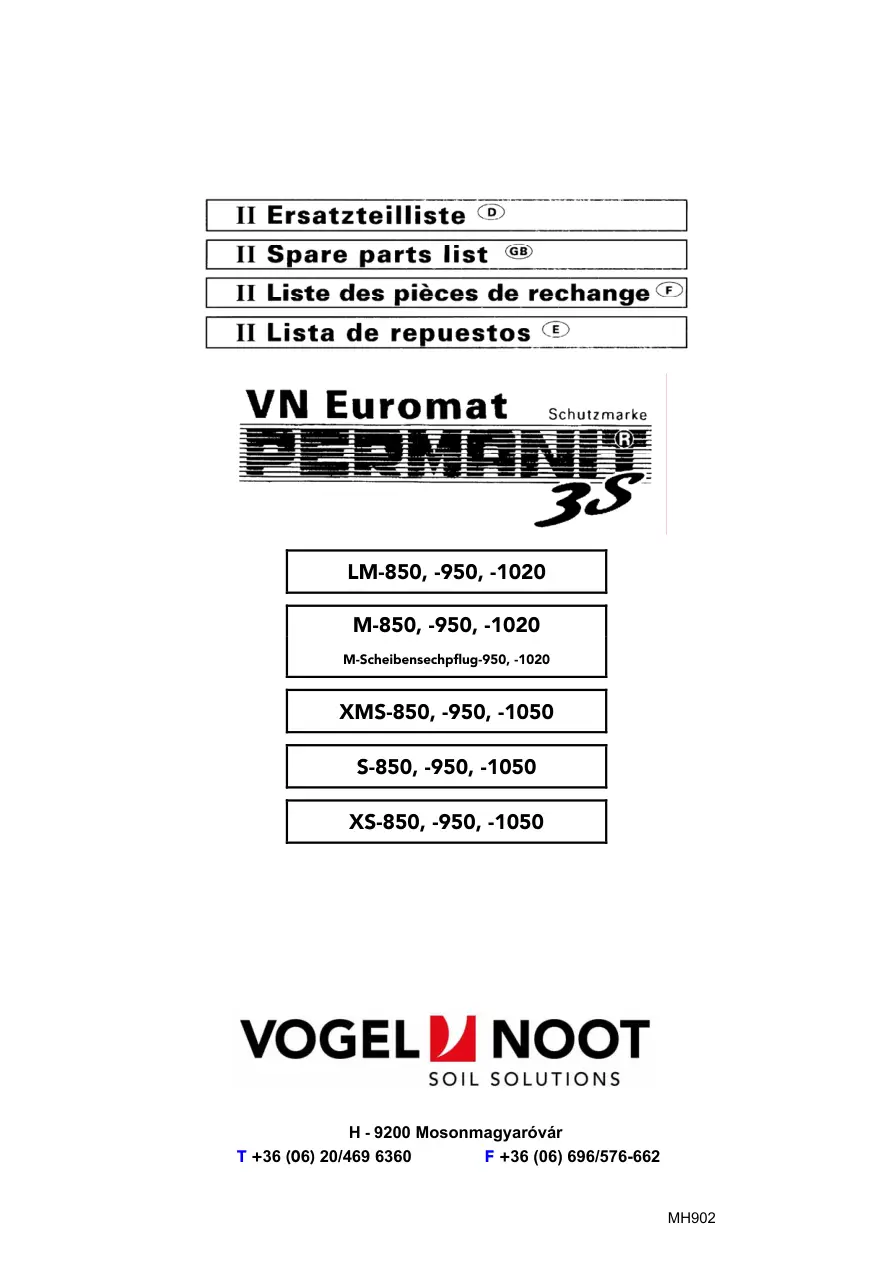 Vogel Noot S850 950 1050 Parts Manual