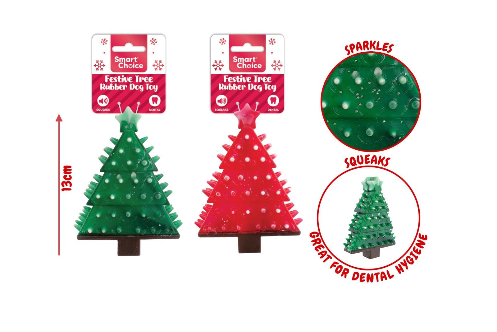 SQUEAKY FESTIVE RUBBER TREE DOG TOY 2COL