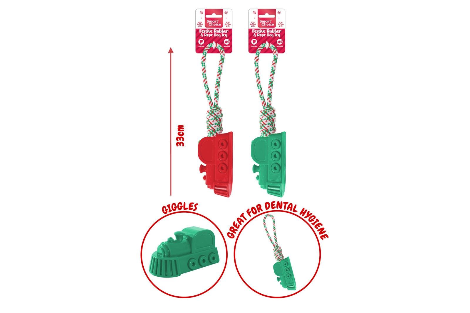 FESTIVE RUBBER TRAIN DOG TOY - 2 ASSORTED COLOURS