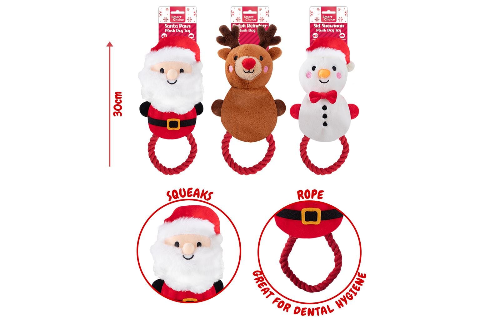 SQUEAKY PLUSH & ROPE FESTIVE DOG TOY 3 ASST