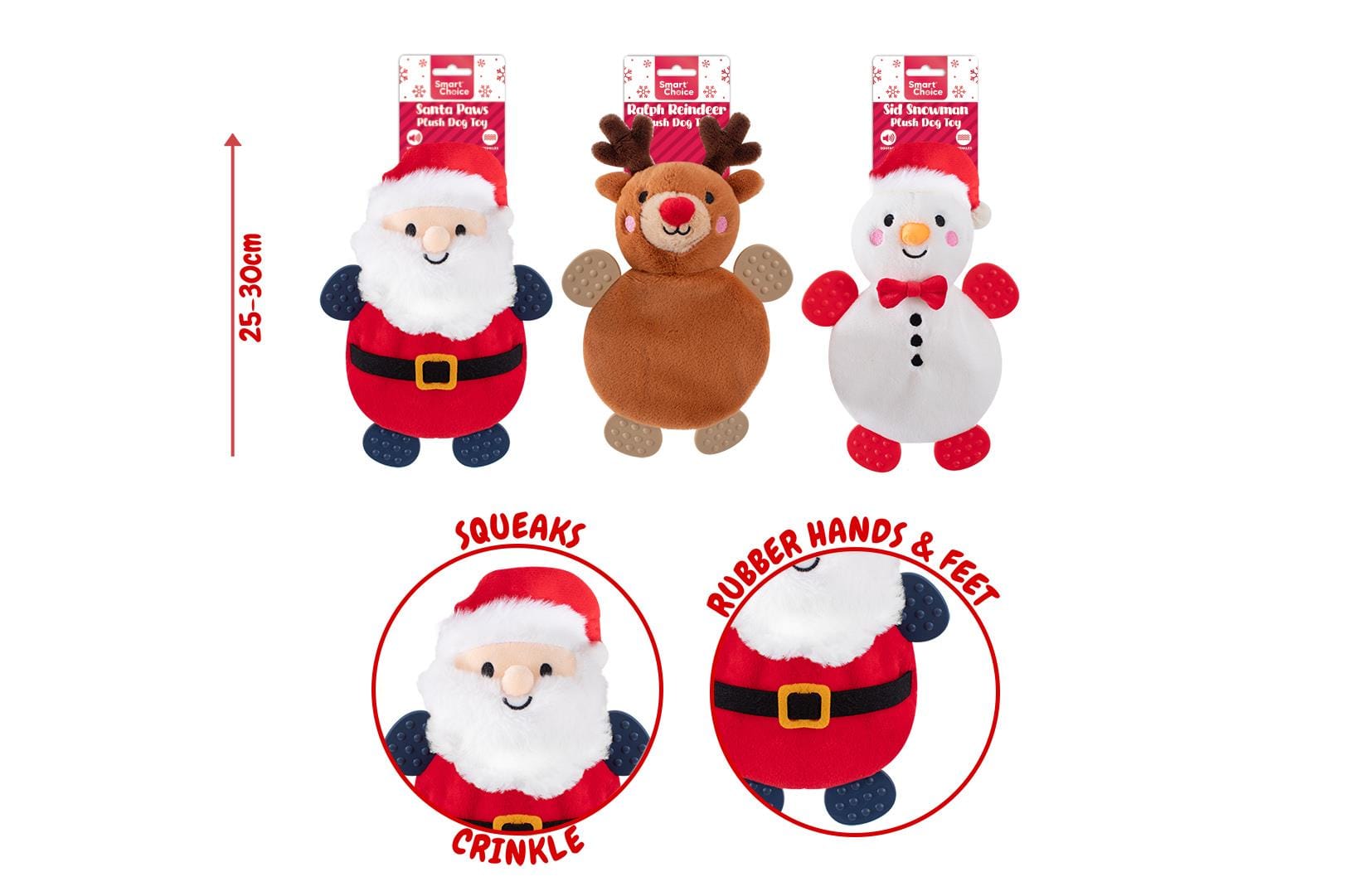 PLUSH & RUBBER CHRISTMAS DOG TOY 3 ASSORTED