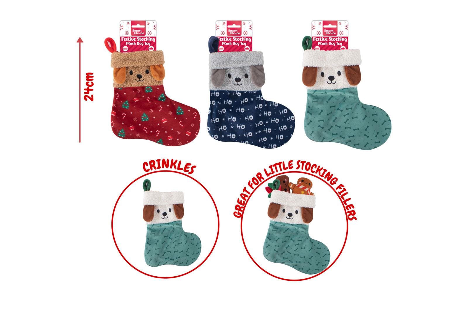 FESTIVE STOCKING DOG TOY - 3 ASSORTED COLOURS