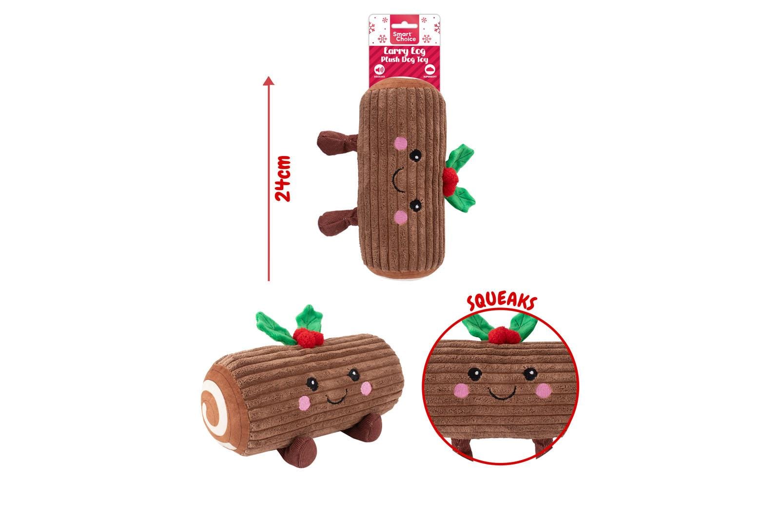 FESTIVE PLUSH SQUEAKY YULE LOG DOG TOY
