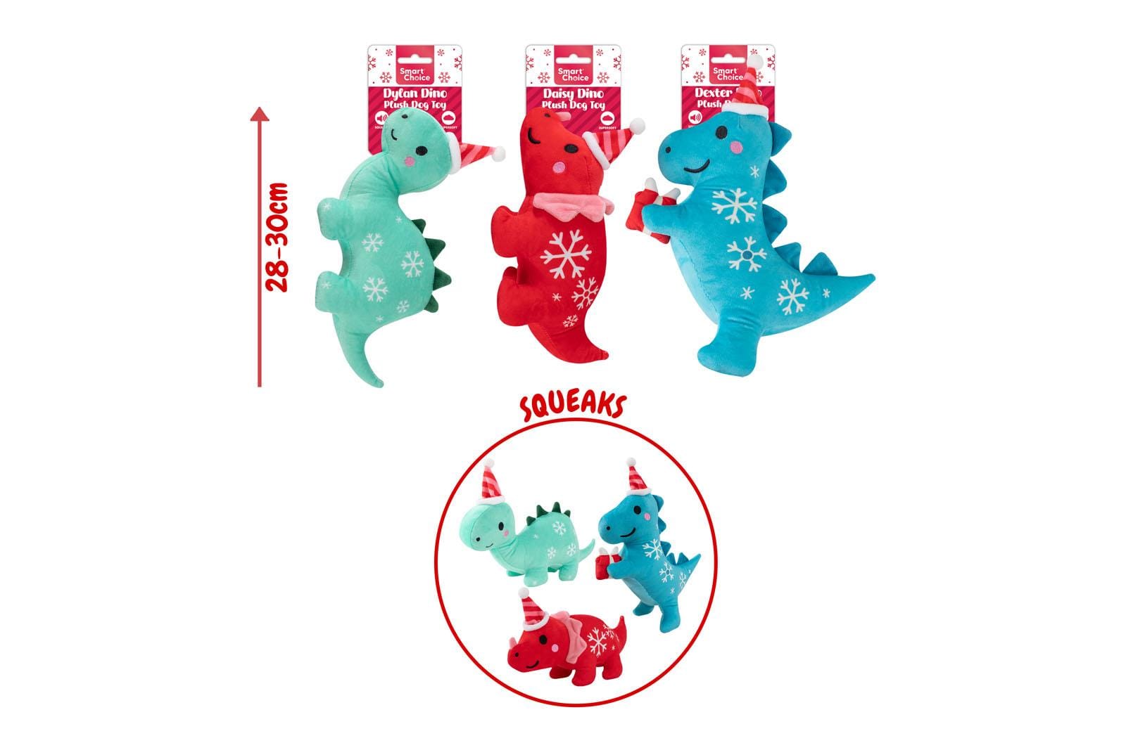 SQUEAKY PLUSH DINOSAUR DOG TOY 3 ASSORTED DESIGNS
