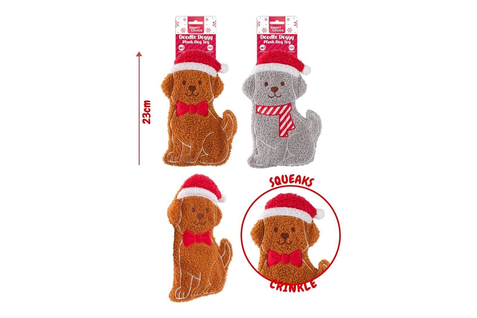 FESTIVE PLUSH FLATTIE DOG TOY - 2 ASSORTED COLOURS