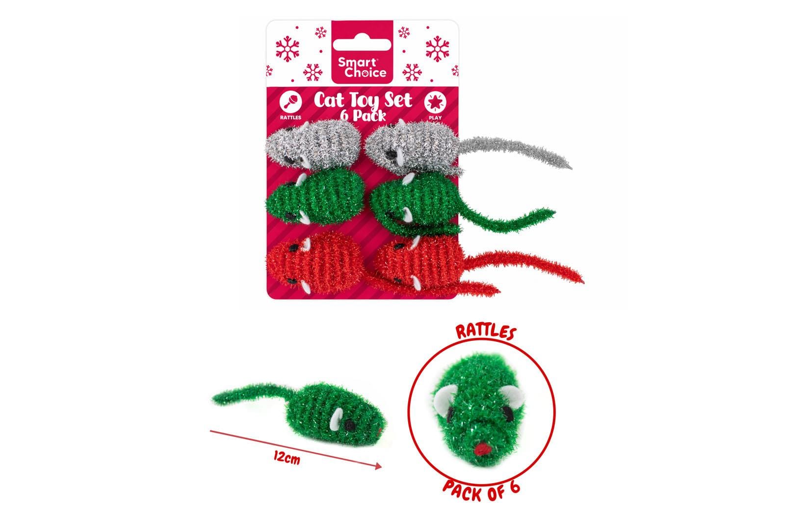 FESTIVE GLITTER MICE CAT TOY - PACK OF 6