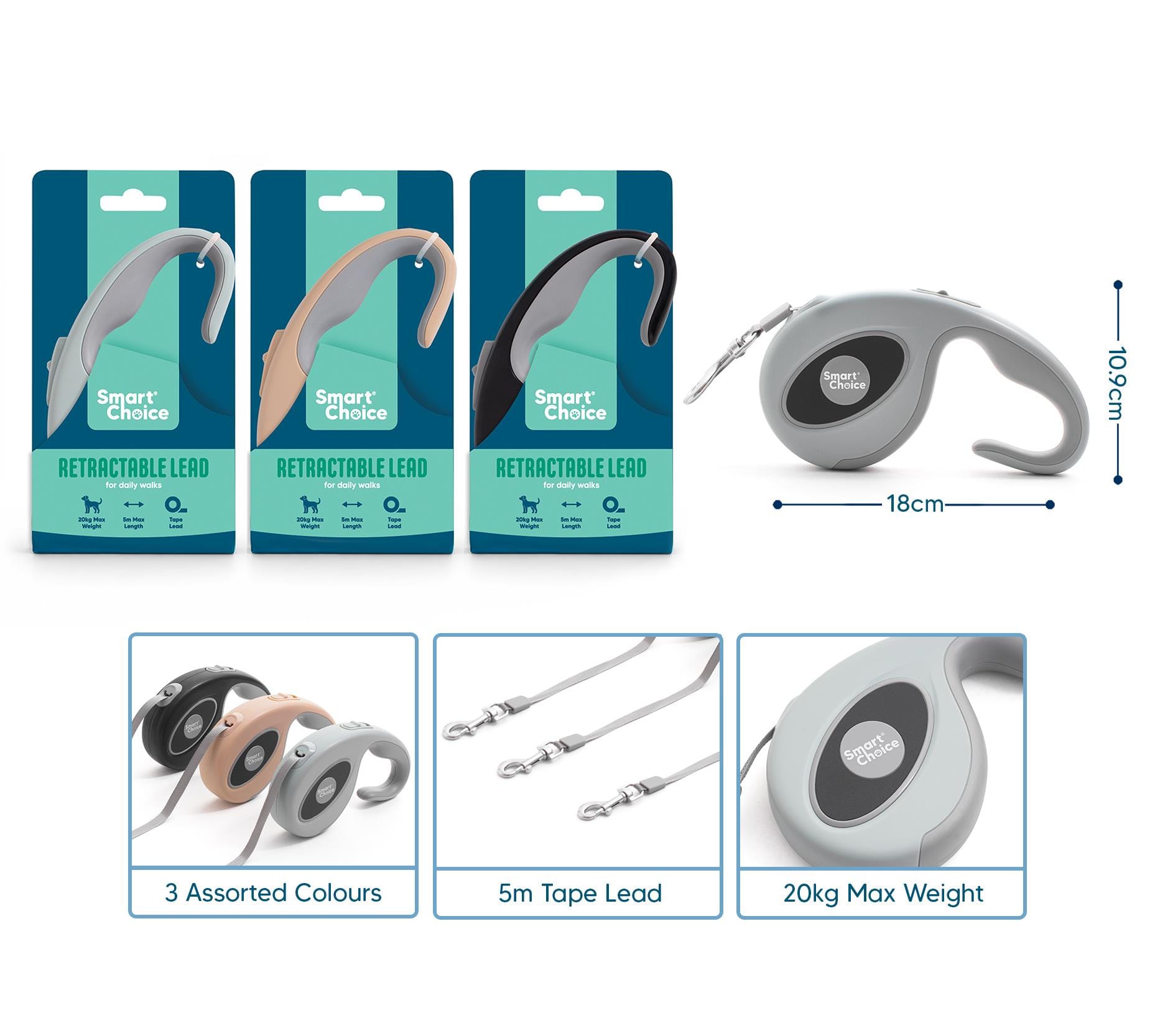 RETRACTABLE TAPE DOG LEAD 5M 20KG 3 COLOURS