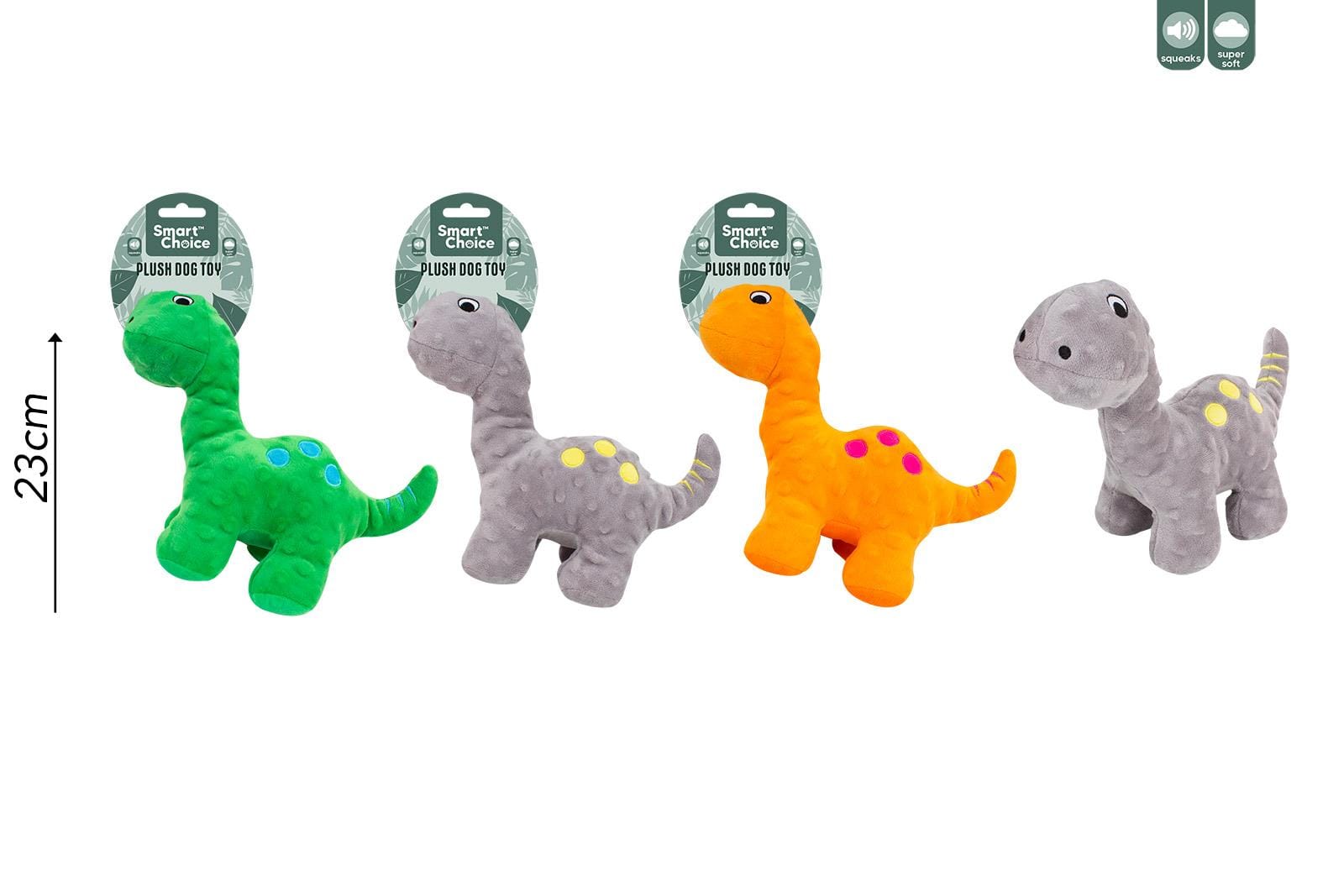SQUEAKY PLUSH DINOSAUR DOG TOY 3 ASSORTED COLOURS