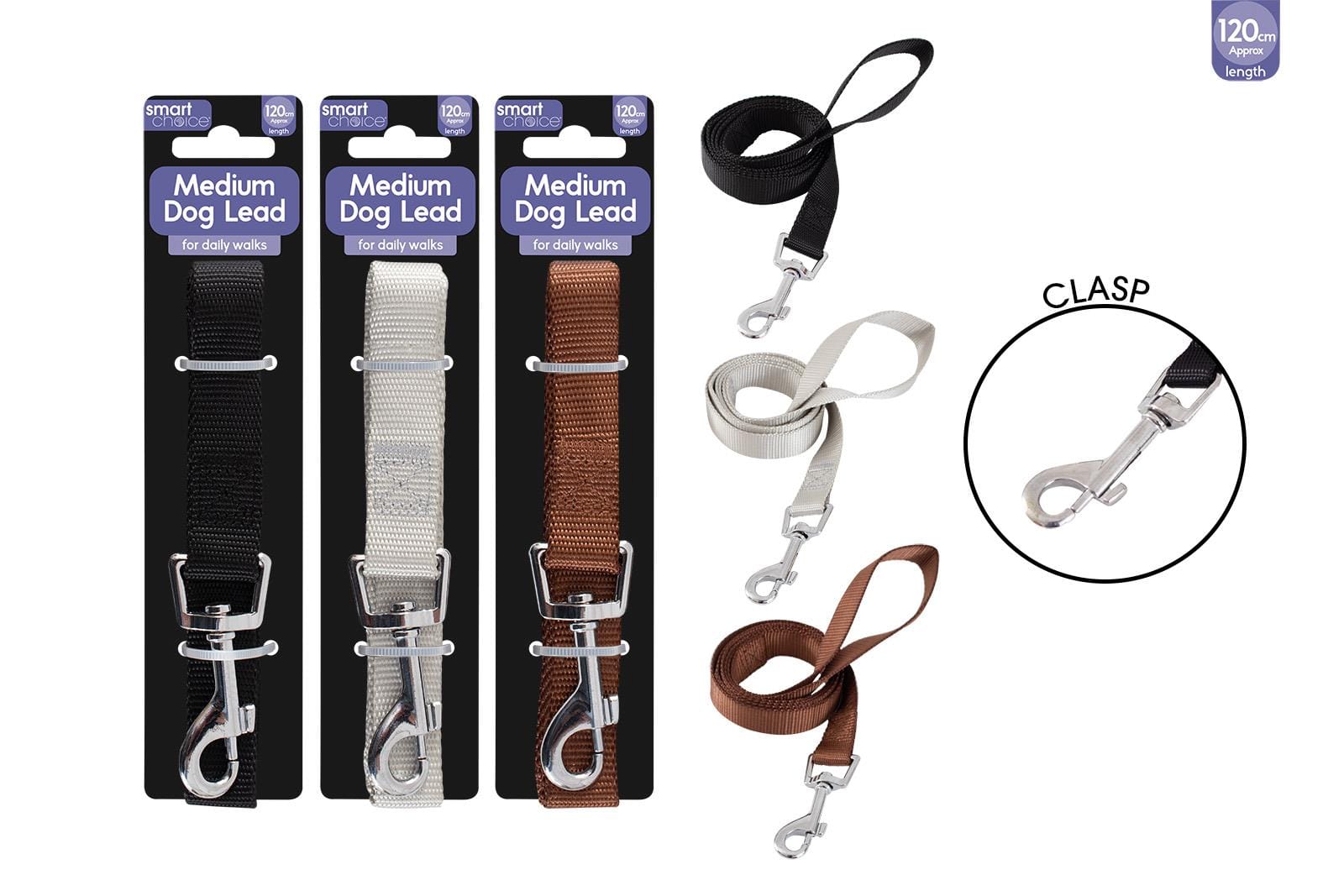 DOG LEAD MEDIUM 1.2M 3 ASSORTED COLOURS