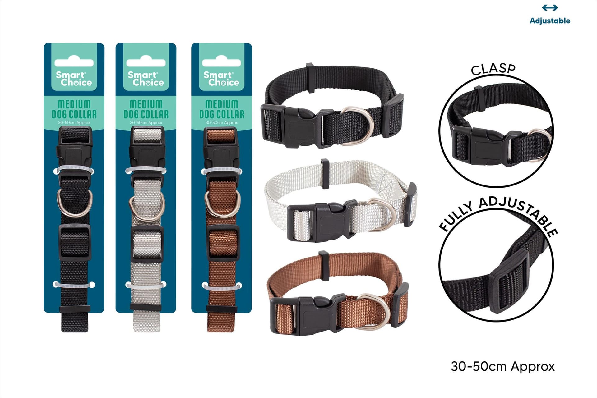DOG COLLAR MEDIUM 30-50CM 3 ASSORTED COLOURS